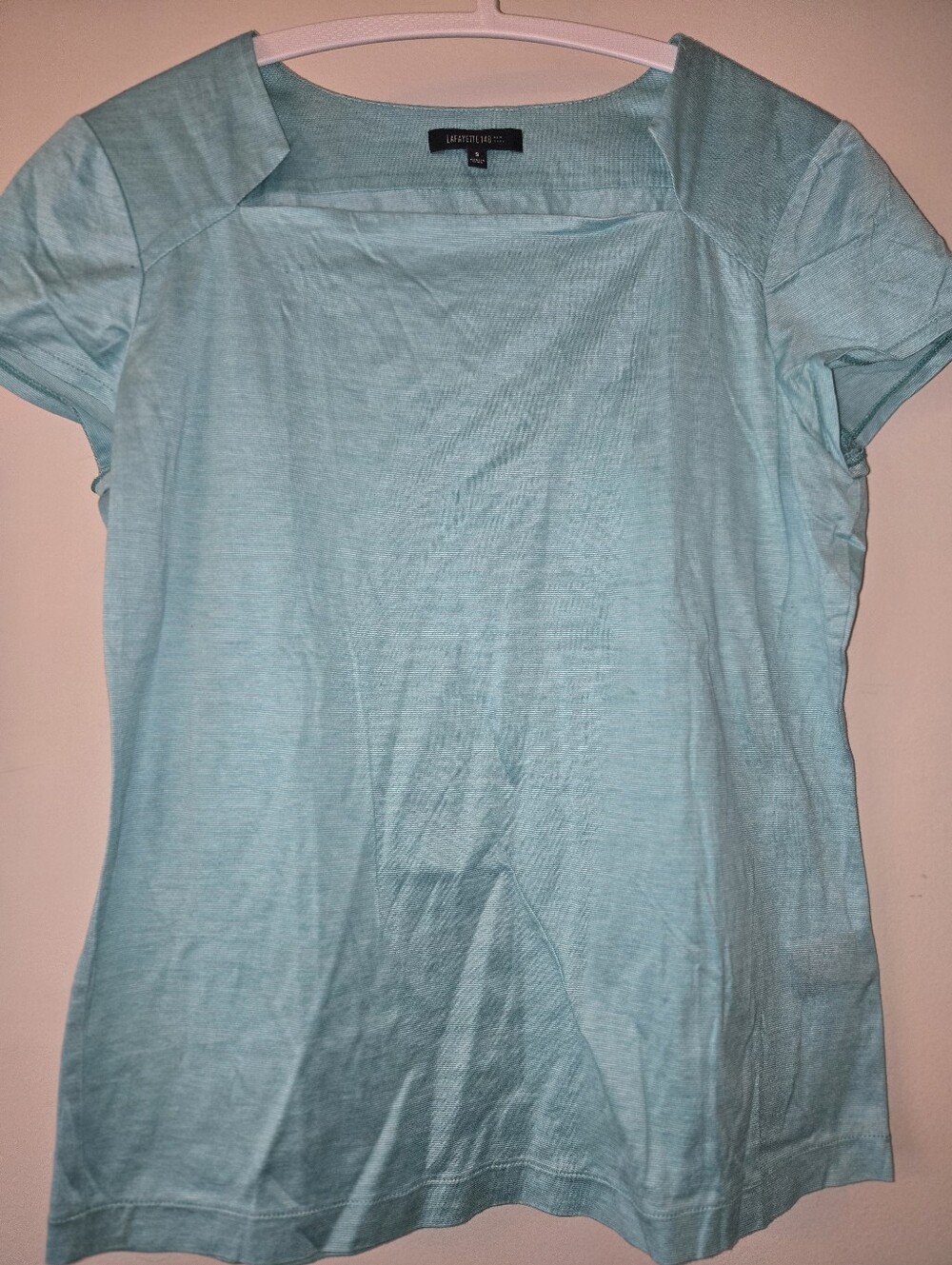 Lafayette 148 New York Top Small Robin Egg Blue Aqua Fine Rib Cotton Square Neck